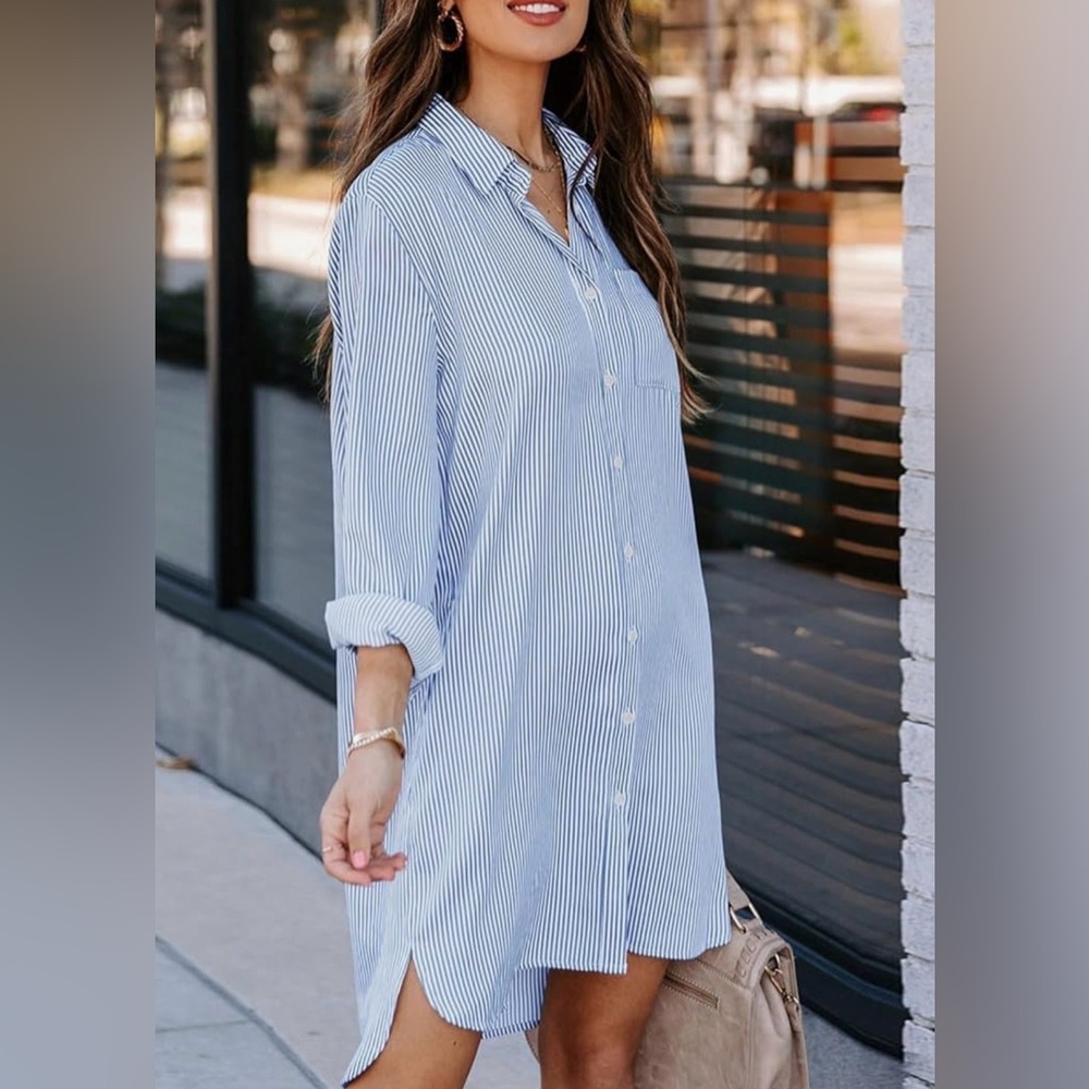 Women’s Blue and White Striped Shirt Dress